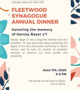 Fleetwood Synagogue Annual Dinner invitation June 2020